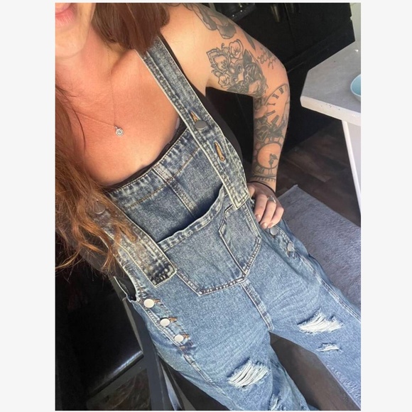 Medium Wash Distressed Wide leg Denim Jean Bib Overalls - Picture 2 of 3